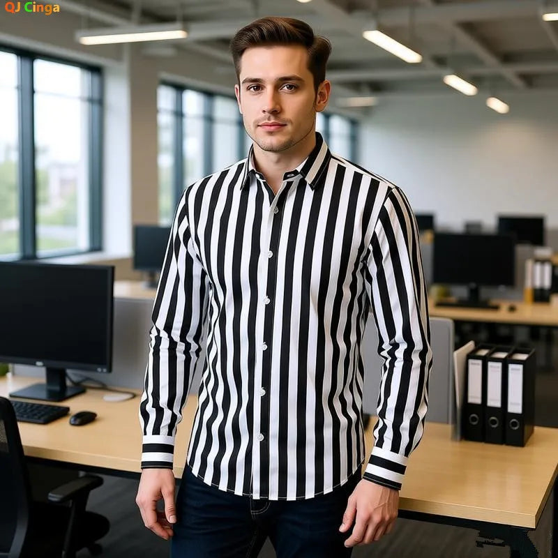 Men's Long-sleeve Shirt with Black Stripes, White Single-breasted Button-down Shirts, Business-casual Top.