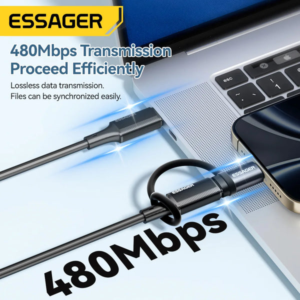 អាដាប់ទ័រភ្លើងបំភ្លឺ Essager Lighting ទៅប្រភេទ C សាកថ្មលឿន IP ស្រីទៅ USB C បុរសសម្រាប់ឧបករណ៍ភ្ជាប់ iPhone 15 14 13 12 11 Pro iPad ឧបករណ៍បម្លែង