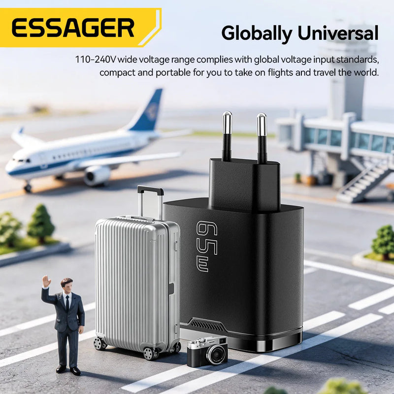 ឆ្នាំងសាក Essager 65W GaN USB Type C អេក្រង់ឌីជីថល QC 4.0 PD 3.2 PPS 45W សាកលឿនសម្រាប់ Samsung Huawei IPhone17 កុំព្យូទ័រយួរដៃ MacBook