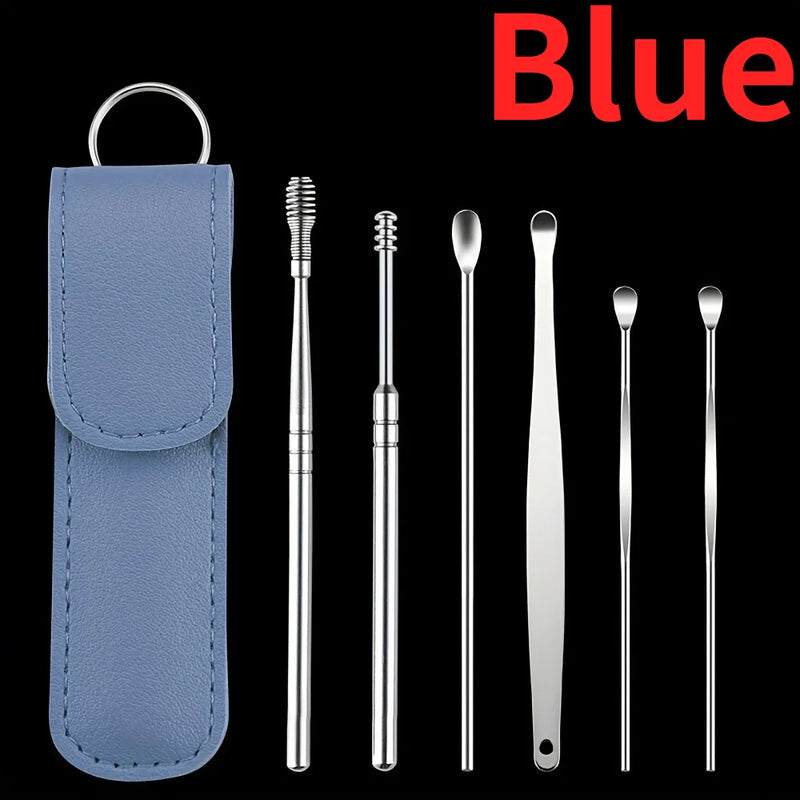 1set Ear Degreaser Tool, Stainless Steel 6 Piece Ear Cleaning Set,Spring Loaded Ear Scoop, Travel Portable Ear Wax Removal Set