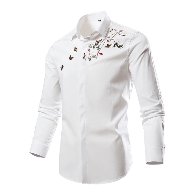 2026 New Men's Black Embroidered Long Sleeve Shirt, Black Single Breasted Lapel Casual Shirts, Asian Size M-6XL