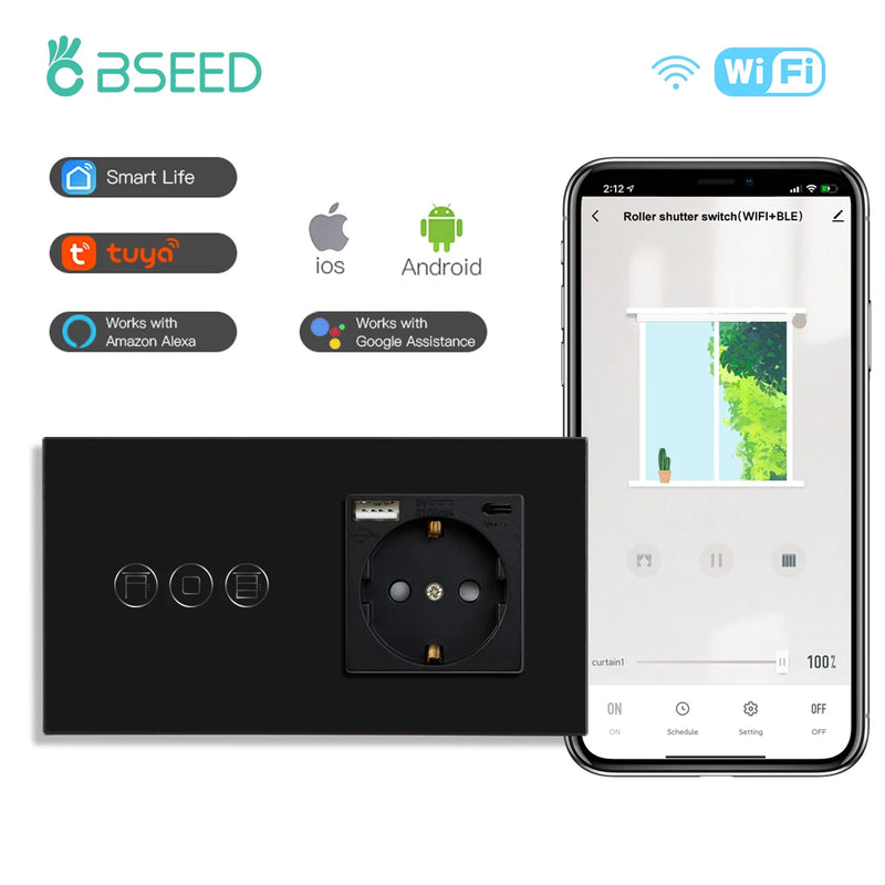 BSEED Wifi Touch Roller Shutter Switch With EU Standard Wall Socket USB Type-C Smart Wireless Blinds Switch Tuya Alexa Control