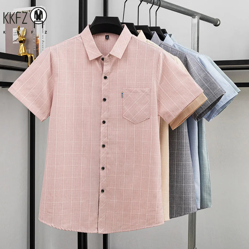 Mens Casual Plaid Short Sleeve Shirt Breathable Light Fabric Turn Down Collar Tops For Spring Summer Daily Wear