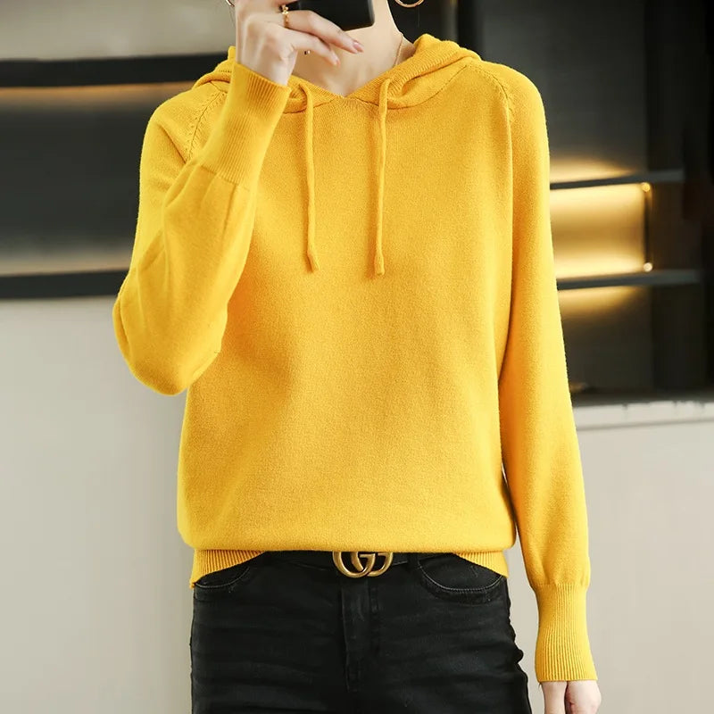 Spring Autumn New Hooded Pullover Sweater Knitwear Women's Long Sleeved Loose Leisure Knitted Hoodie Coat Pull Femme Tops