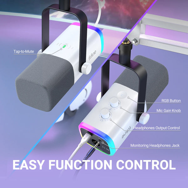 ឈុតមីក្រូហ្វូនលេងហ្គេម FIFINE USB/XLR ជាមួយរន្ធដោតកាស/RGB/Boom Arm, ឈុតមីក្រូហ្វូនឌីណាមិកសម្រាប់កុំព្យូទ័រ PS5/4 Mixer AmpliGame ពណ៌ស-AM8TW