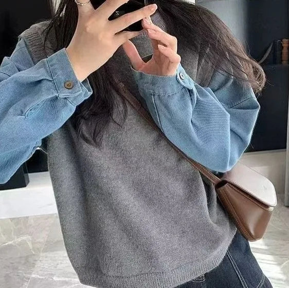 Autumn Winter New Lazy Sweater Knitted Denim Sleeve Splicing Fake Two-piece Women's Top Trendy Pullover Knitwear Clothes