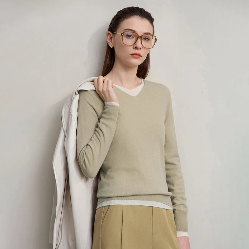AMII Women's Sweater 2026 Autumn New Versatile V-neck Solid Women's Clothing Wool Sweater Basic Long Sleeves Top Female 12523164