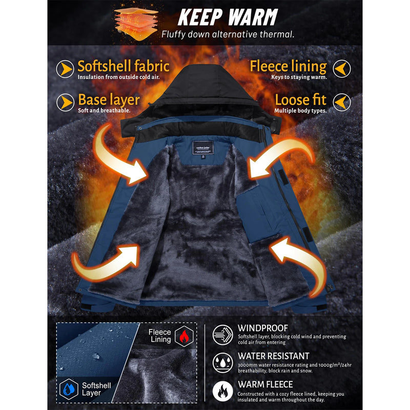 Men's Winter Ski Jacket Waterproof Insulated Fleece Lined Snowboard Parka Hooded Thermal Snow Coat
