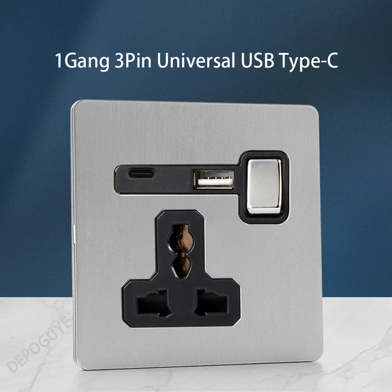 Wall Light Toggle Retro Switch Panel 1-4 Gang 2 Way EU Silver Gray Brushed Stainless Steel Antique Switch Outlet with USB Chargi