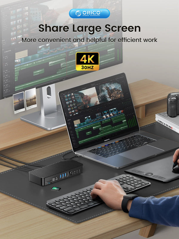 ORICO 19 in 1 Desktop Docking Station Type C to 4K HDMI-Com VGA 3.5mm Audio RJ45 PD USB 3.0 HUB with Volume Adjust Power Adapter
