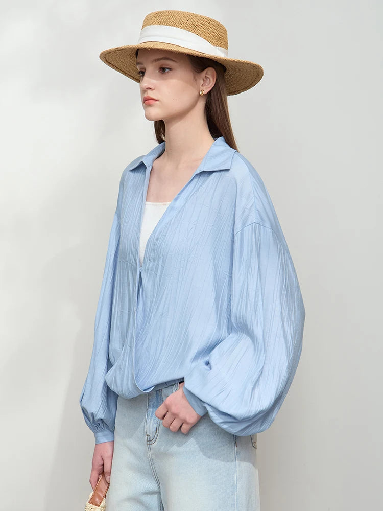អាវ AMII Minimalist Chiffon សម្រាប់នារី រដូវស្លឹកឈើជ្រុះឆ្នាំ ២០២៦ ថ្មី ធម្មតា អក្សរសាស្ត្រ Lapel V-Neck ដៃអាវរាងចង្កៀង អាវរលុង 12541132