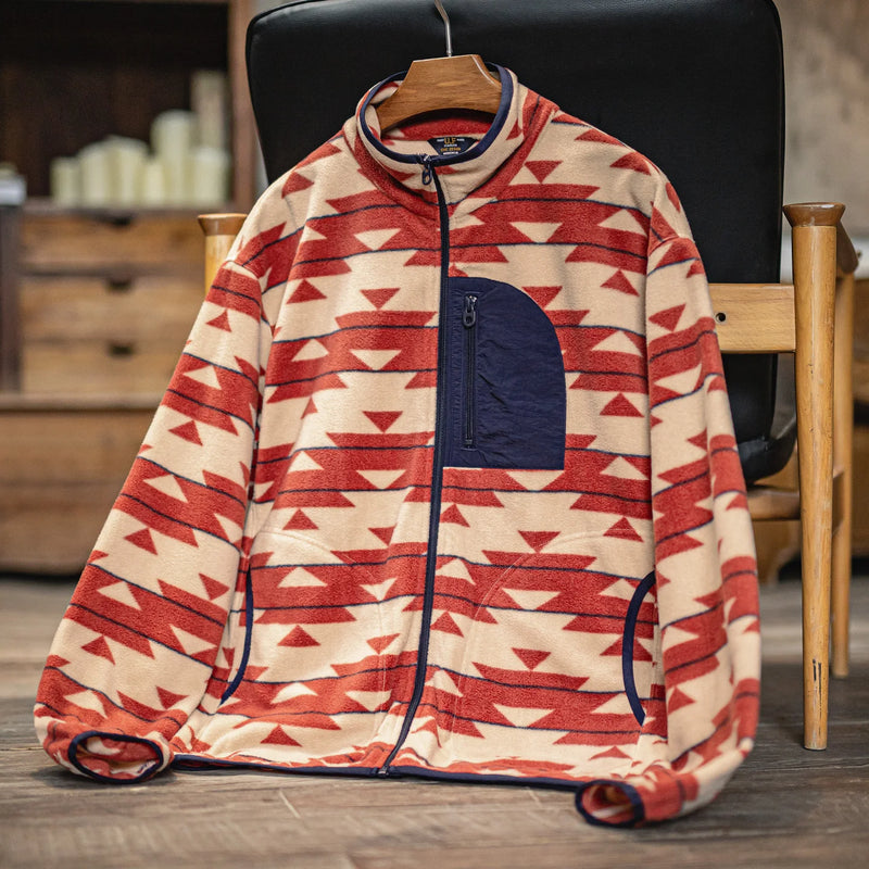 អាវ Maden សម្រាប់បុរស អាវក្រៅ Navajo Polar Fleece កអាវឈរ ធ្វើពីក្រណាត់ Zip-Up Patchwork អាវក្រៅក្តៅ សម្រាប់អាវរដូវផ្ការីក និងរដូវស្លឹកឈើជ្រុះ