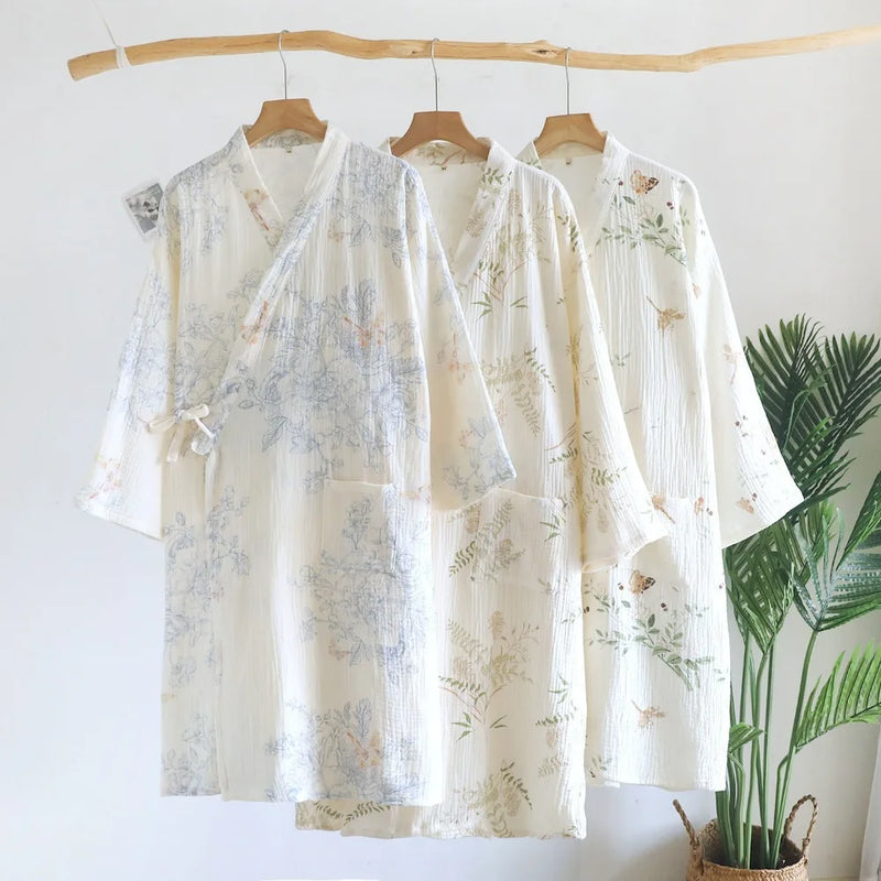 Kimono Robes Floral Dressing Gown Sleepwear Spring Autumn New 100% Cotton Long Sleeve Women's Bathrobe Nightie Pyjama Female