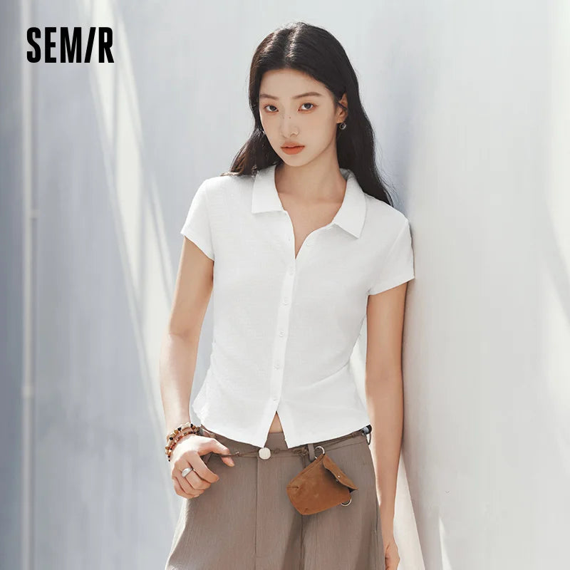 Semir Womens Polo 2026 Short Ruched Slim Jacquard Texture Lapel Gentle Casual Soft