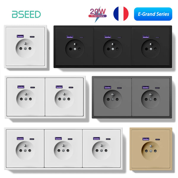 BSEED French Standard Wall Power Socket Electrical Outlets 20W USB Type-C Fast Charge Port Socket White Black Plastic Frame 16A