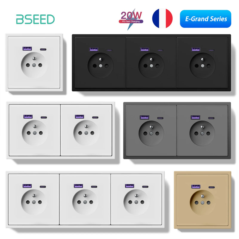 BSEED French Standard Wall Power Socket Electrical Outlets 20W USB Type-C Fast Charge Port Socket White Black Plastic Frame 16A