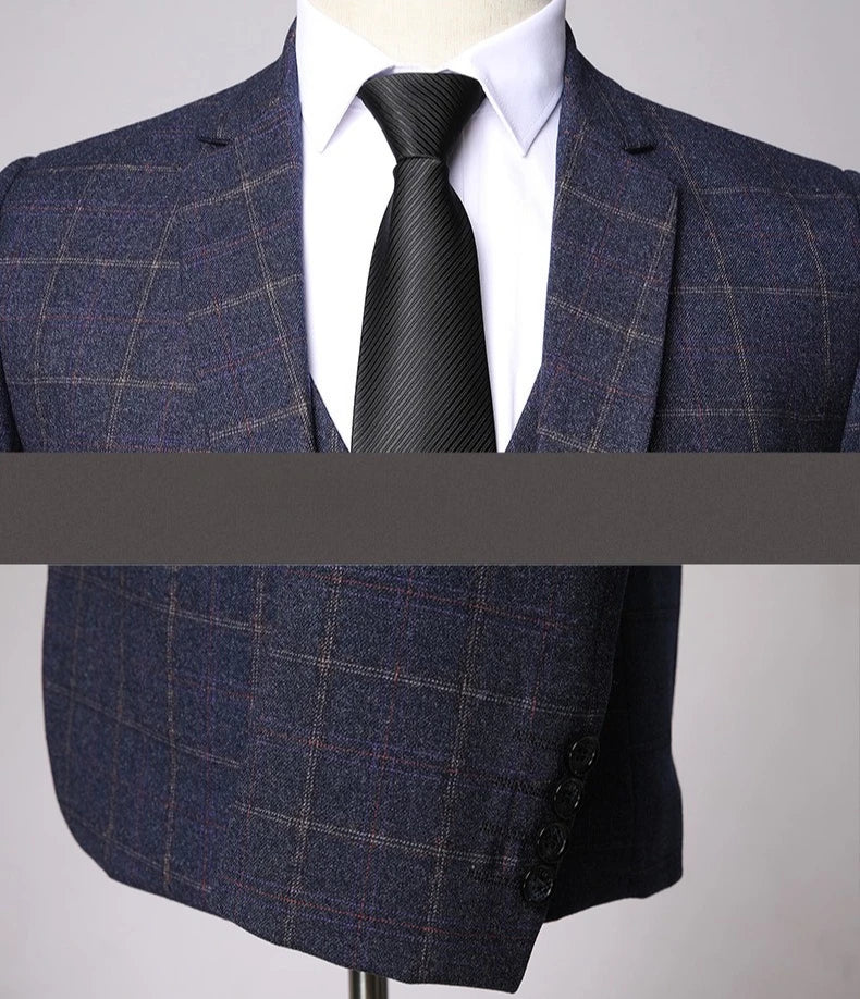 2026 New Men's Blue Three-Piece Suit Set: Black-and-Gray Checkered Jacket with Vest and Trousers, Slim-Fit Suit in Asian Sizes.