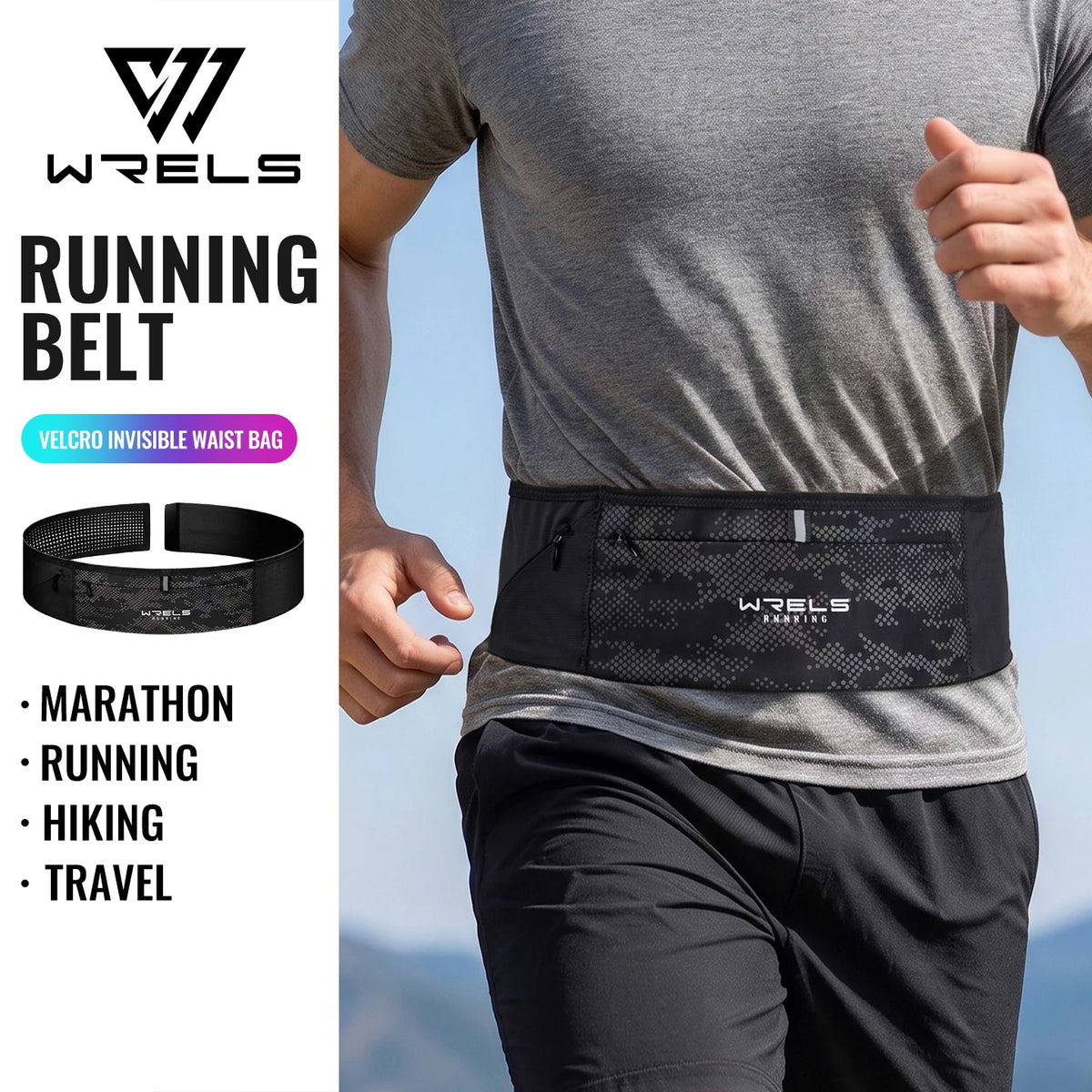 WRELS Slim Running Belt Adjustable Multi Pocket Waist Fanny Pack Reflective Men Women Cycling Hiking Marathon Phone Holder Belt