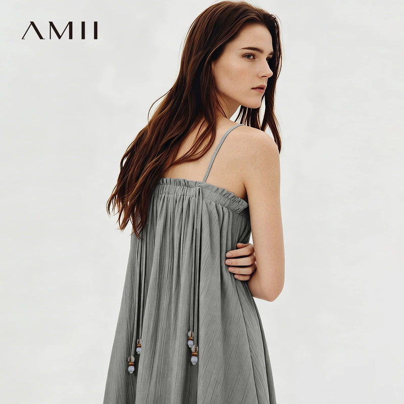 Amii Women's Casual Dresses 2026 Summer New Ruffle Trim Spaghetti Strap Loose Fit Holiday Flowy Long Women's Dress 12642140