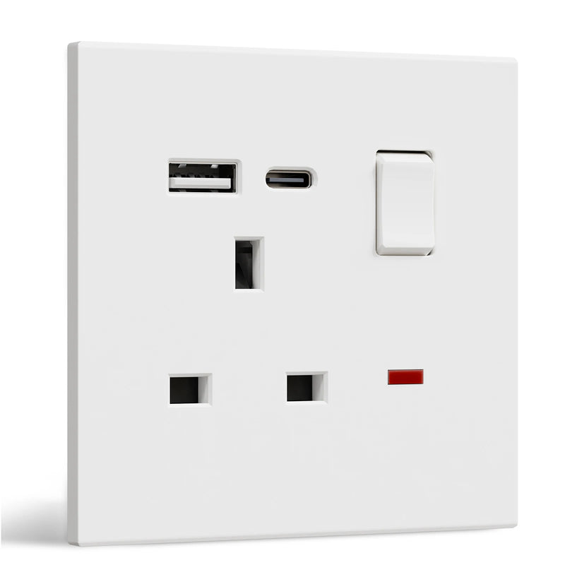 BSEED UK Standard Switched Wall Socket with USB Type-C Port 13A Electric UK Outlet with Switch On Off Integrated Panel Plastic