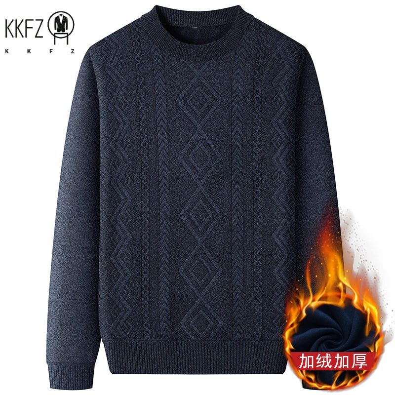 Thick Thermal Crew Neck Pullover Men Vertical Geometric Diamond Pattern Soft Fleece Lining Weekend Outing Knitwear