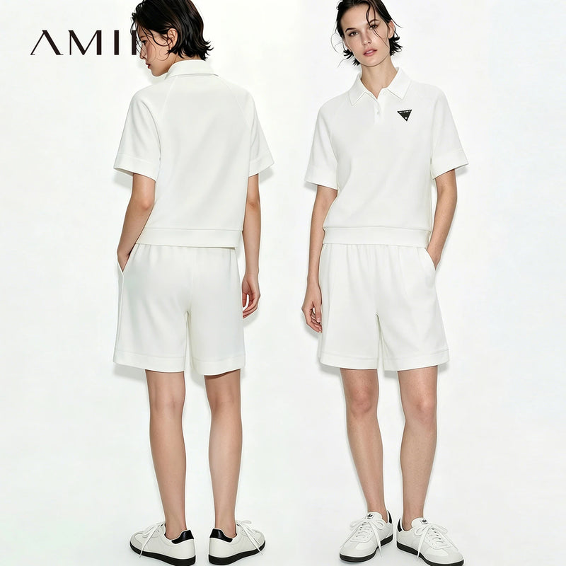Amii Short Sleeve T-shirt 2026 Summer New POLO Neck Embroidered Top Casual Separate Shorts Breathable Woman Clothing 12622168