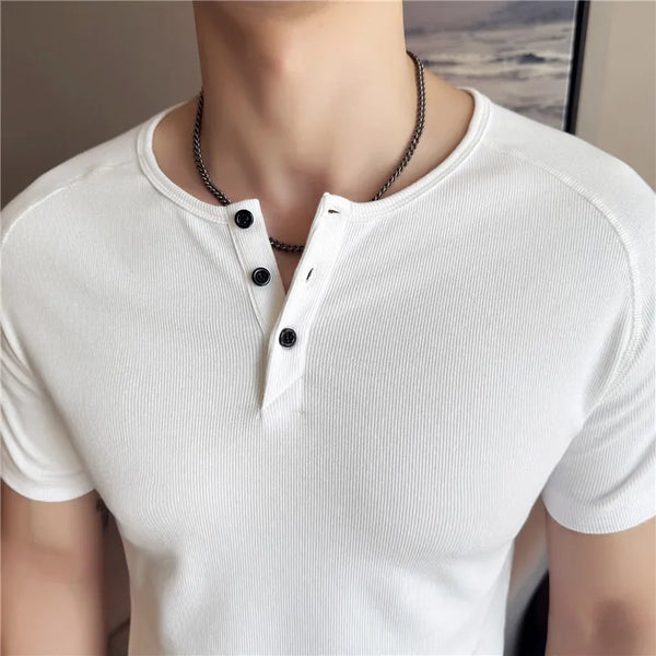 Men's Slim Fit Henley T-Shirt - Summer Short Sleeve Rib Knit Gym Workout Top | Stretchy Bodybuilding Muscle Tee for Fitness