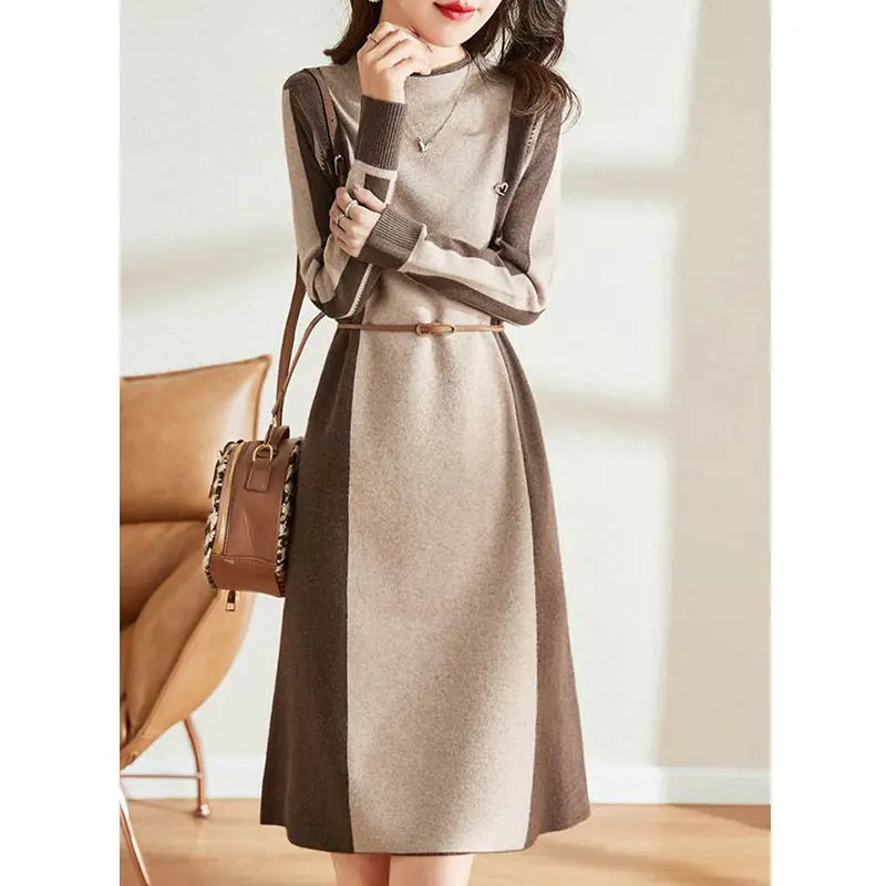 Fashion New Ladies Sweater Spring Autumn Woolen Dress Outerwear Pullover Jumper Splicing Color Women‘s Knitwear Pull Tops