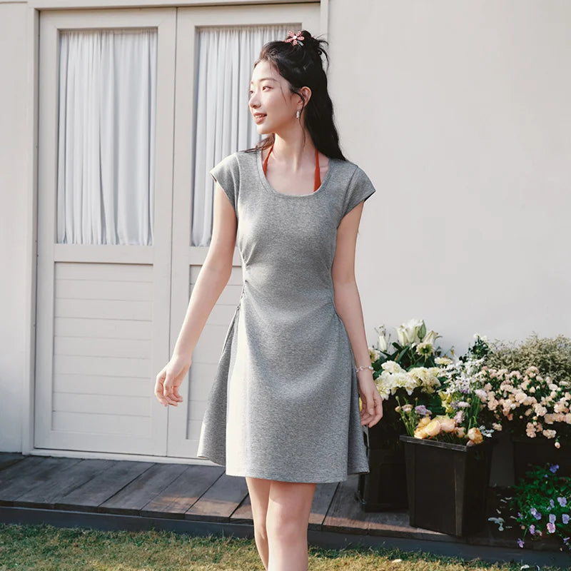 Semir Women Dress U Neck Solid Color Ruched Short Sleeve Minimalist Design Mini 2026 Summer Casual Fashion Top