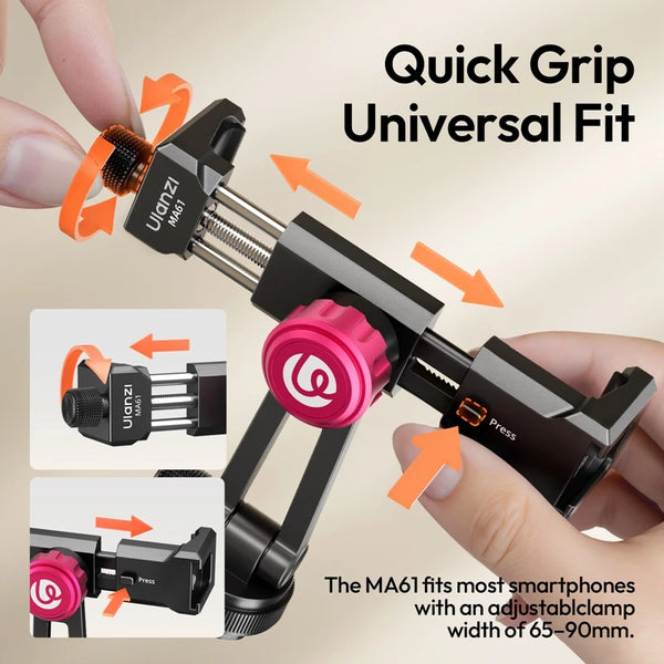 ក្ដាប់ទូរស័ព្ទ Ulanzi MA61 QuickClip ជាមួយ Cold Shoe Mount ជាមួយវីសបង្វិល 360° ទំហំ 1/4" ទទឹង 65-90mm សម្រាប់ Tripod Video Light Mount