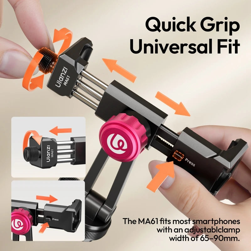 ក្ដាប់ទូរស័ព្ទ Ulanzi MA61 QuickClip ជាមួយ Cold Shoe Mount ជាមួយវីសបង្វិល 360° ទំហំ 1/4" ទទឹង 65-90mm សម្រាប់ Tripod Video Light Mount
