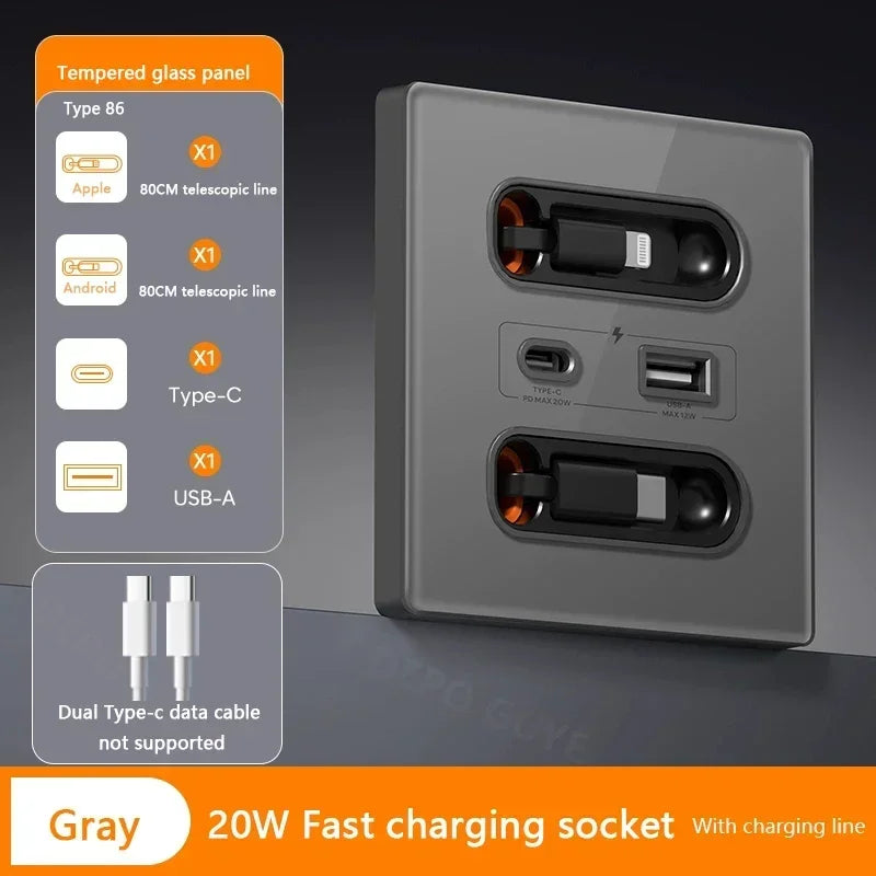 White Universal Smart Socket With Telescopic charging line 20W Fast Charge Type C USB Port Tempered Glass Wall Power Plug Outlet