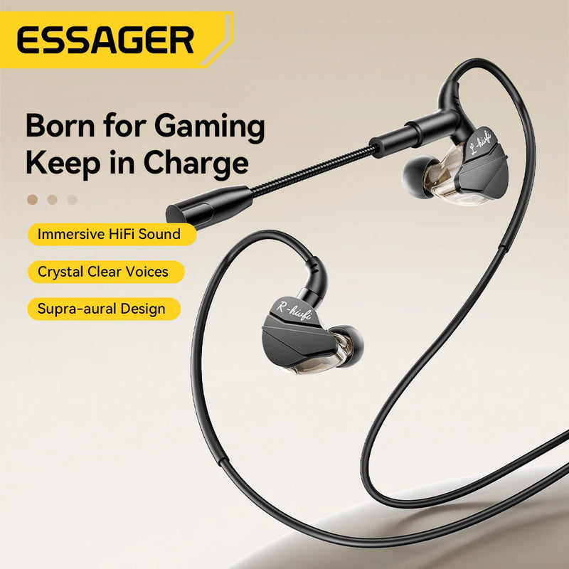 កាសស្តាប់ត្រចៀក Essager Game មានខ្សែ HIFI Bass ក្នុងត្រចៀក USB ប្រភេទ C 3.5mm ជាមួយខ្សែដែលគ្រប់គ្រងដោយមីក្រូហ្វូន កាសកាត់បន្ថយសំឡេងរំខាន