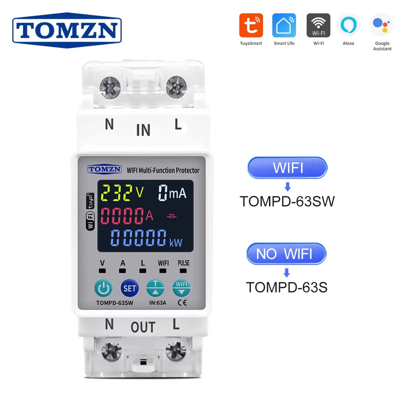 TOMZN 2P 63A AC 110V 230V TUYA WIFI Smart Switch kWh Metering Circuit Breaker Timer with Voltage Current and Leakage Protection