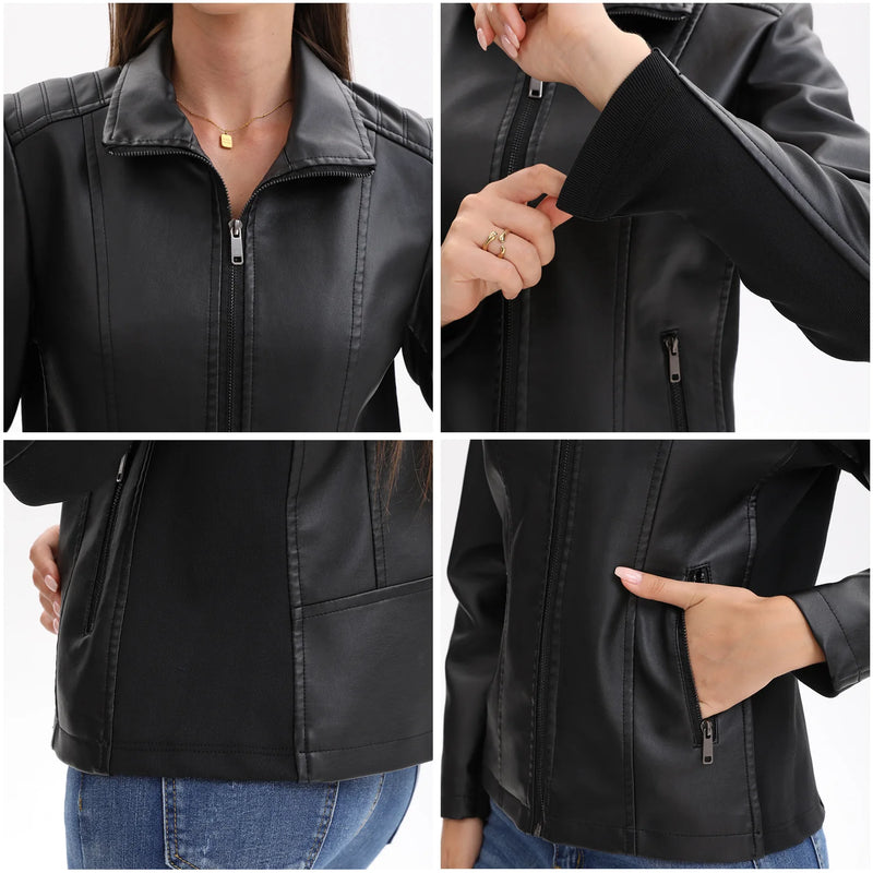 2026 Women’s Stylish Brown Faux Leather Jacket - Slim Fit, Trendy Moto Style with Zipper Detail PU Coat.