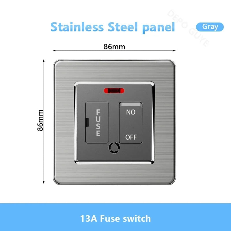 Universal Wall Light Switch Brushed Stainless steel Panel,UK Type-c 18W Quick Charging Socket 220V Double USB Electrical Outlet
