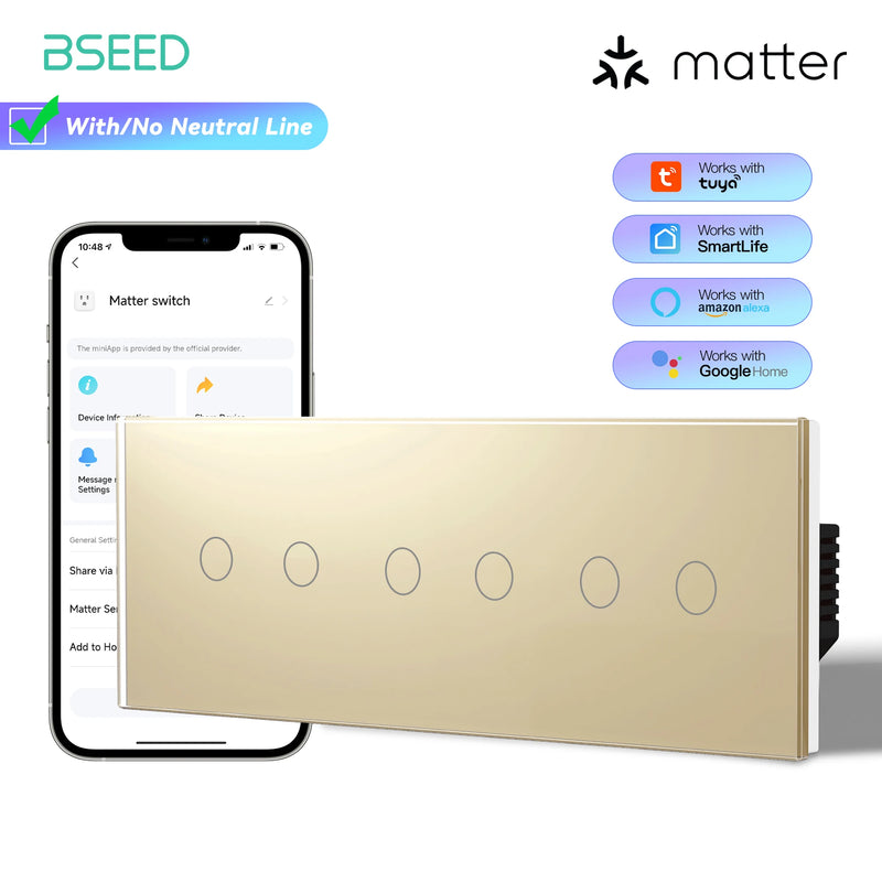 BSEED 1/2/3Gang Matter WIFI Touch Switch Smart Light Switch Work With Apple Home Tuya APP Google Assistant Alexa Voice Control
