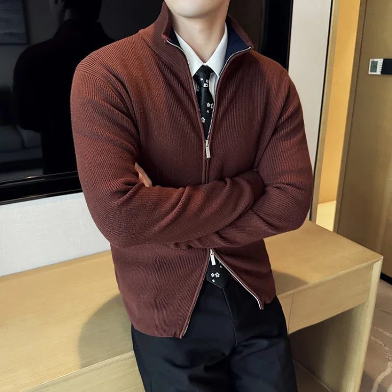 Autumn and Winter Stretch Solid Color Zipper Cardigan, Daily Casual Men's Business Casual Sweater.Stand-up Collar Coat