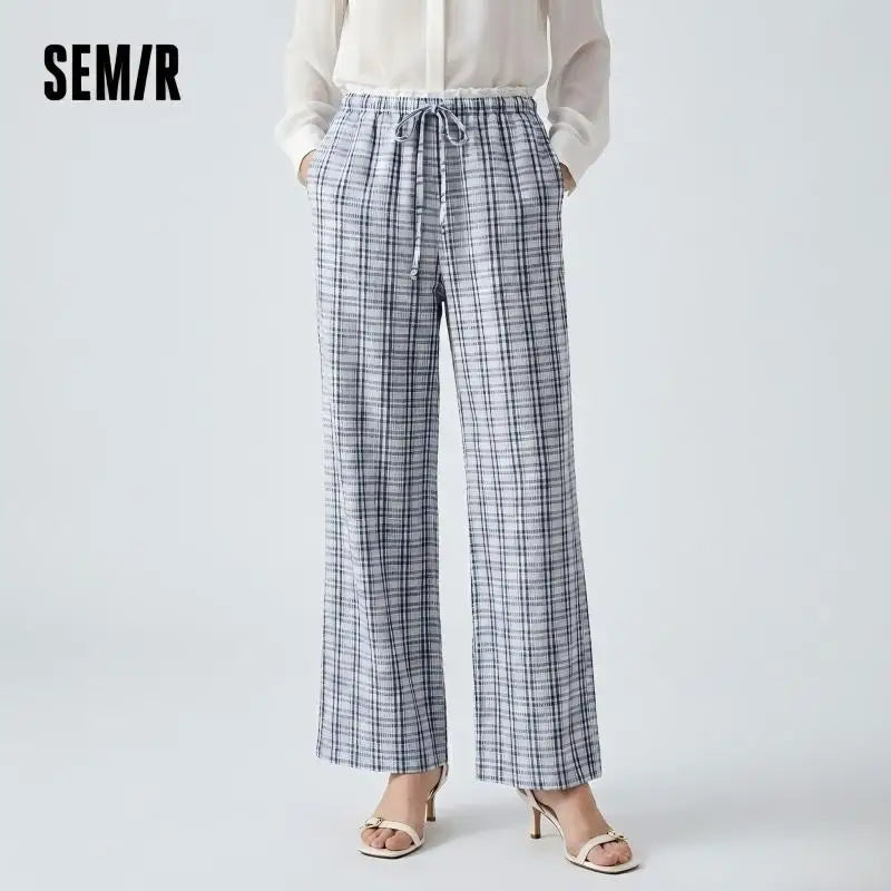 Semir Women Pants Plaid 2026 Textured Ruffle Trim Wide Leg Urban Casual Everyday Style Soft Comfortable Daily Wear Trendy