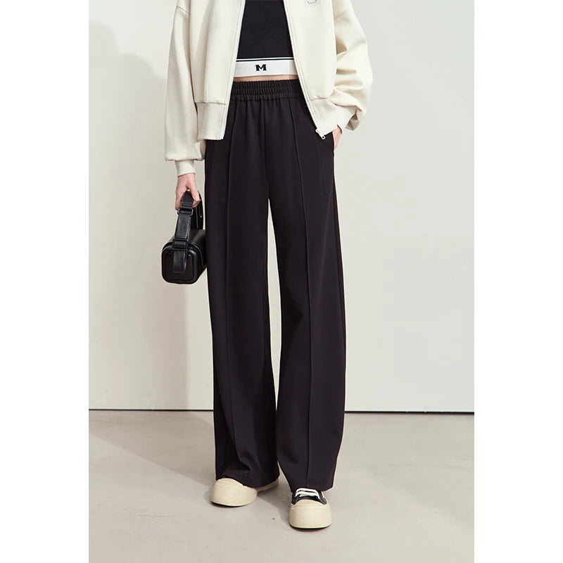AMII Minimalist Women's Autumn New Casual Pants 2026 New Elastic Waist Letter Embroidery Straight Pleated Pants Female 12443086