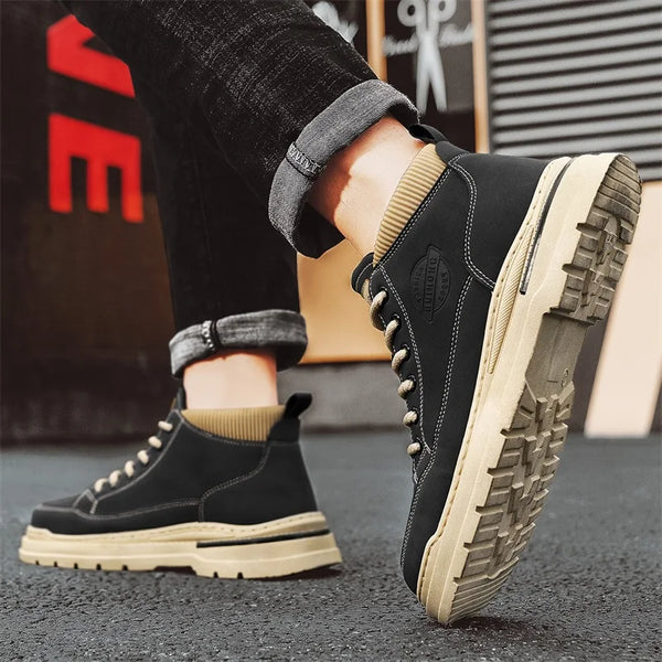 Men's boots fashion casual leather boots four season socks non slip comfort outdoor workwear boots youth versatile trendy boots