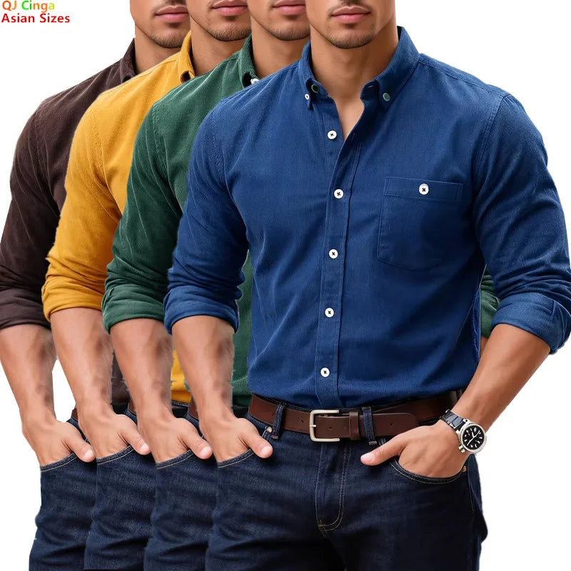 Men's Blue Long-sleeved Shirt, Corduroy Fabric Shirts, Asian-sized Fitted Top. Available in Red, Black, White, Green and Yellow.