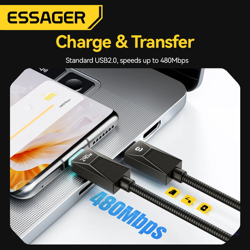 ខ្សែសាក Essager 240W Super Fast Charge Type-C ខ្សែសាកដែកអ៊ីណុក 100W សាកលឿន 5A សម្រាប់ Macbook iPad iPhone 16 15 Pro Ma