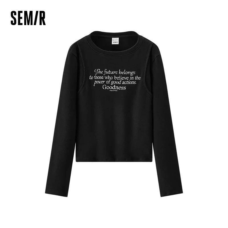 អាវយឺត Semir សម្រាប់នារី រចនាបទអក្សរក្រាហ្វិក ស្មាធម្មតា ដៃវែង ស្លីមហ្វីត រចនាប័ទ្មអប្បបរមា ឆ្នាំ២០២៦ ស្រទាប់ខាងក្រោមរដូវរងា