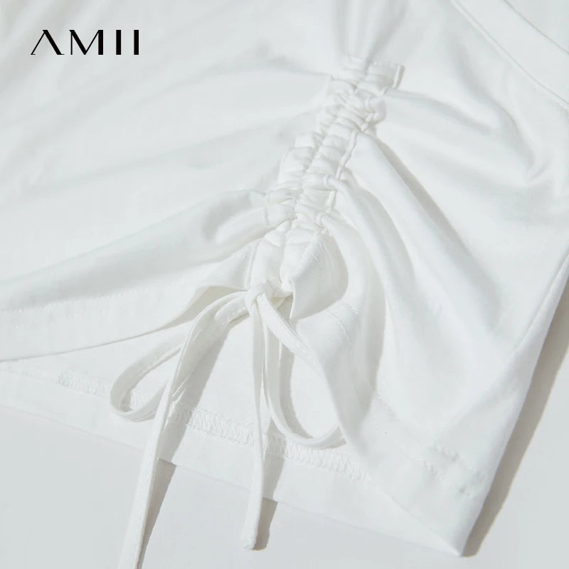 Amii Minimalism Casual T-shirt 2026 Summer New Women Solid Color V-neck Office Lady T-shirt Cotton Pleated Comfort Tops 12522137