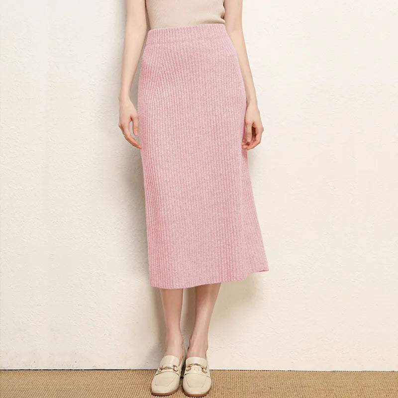 Women's Brown Knit Skirt for Winter, High-waisted, Pink, Calf-length; Available in Black, Beige, and Apricot.