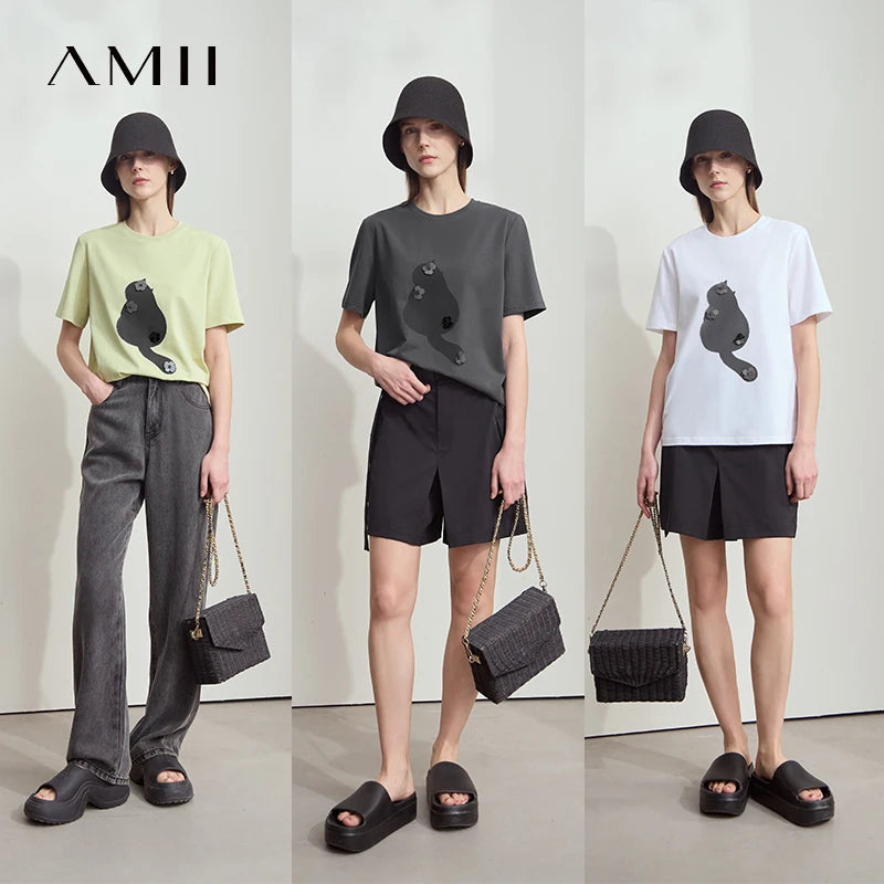 Amii Women's T-Shirt Minimalist 2026 Summer Casual Collegiate Style Slightly Elastic Short Sleeve Printed Lyocell Top 12512003