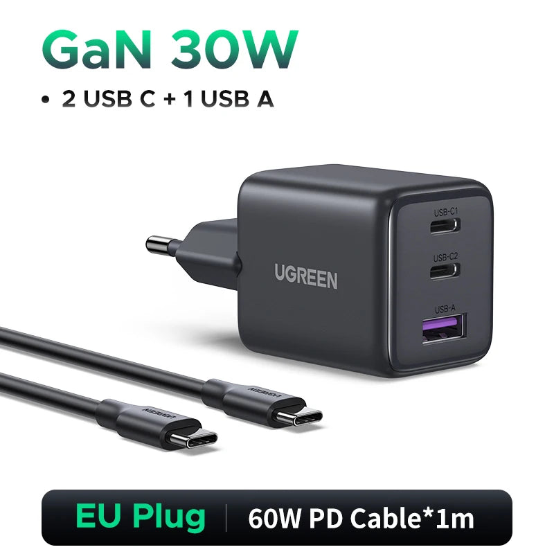 UGREEN 30W GaN Charger 3 Ports PD 3.0 USB C Charger For iPhone 18 17 16 Pro Samsung S25 Xiaomi Tablet iPad Air Pro Phone Charger