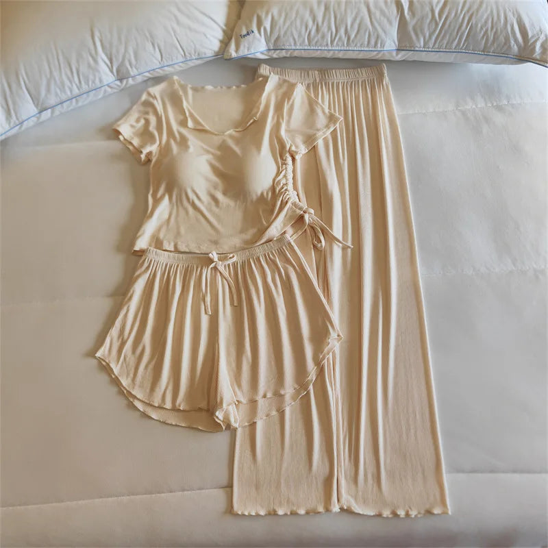 Korean Reviews Many Pajamas Chest Pad Short Sleeve Shirt Three Pieces Set Modal Spring Summer Sleepwear Women Home Wear Pyjamas