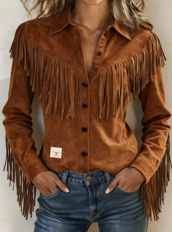 Women's Brown Long-sleeve Collared Shirt with A Slight Stretch, Made of Corduroy Fabric; Available in White or Gray.
